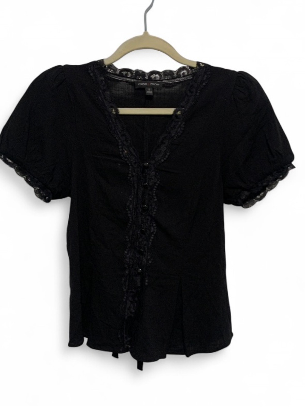 Y2K Moa Moa Black Goth Lace-Trim Puff Sleeve Button Blouse